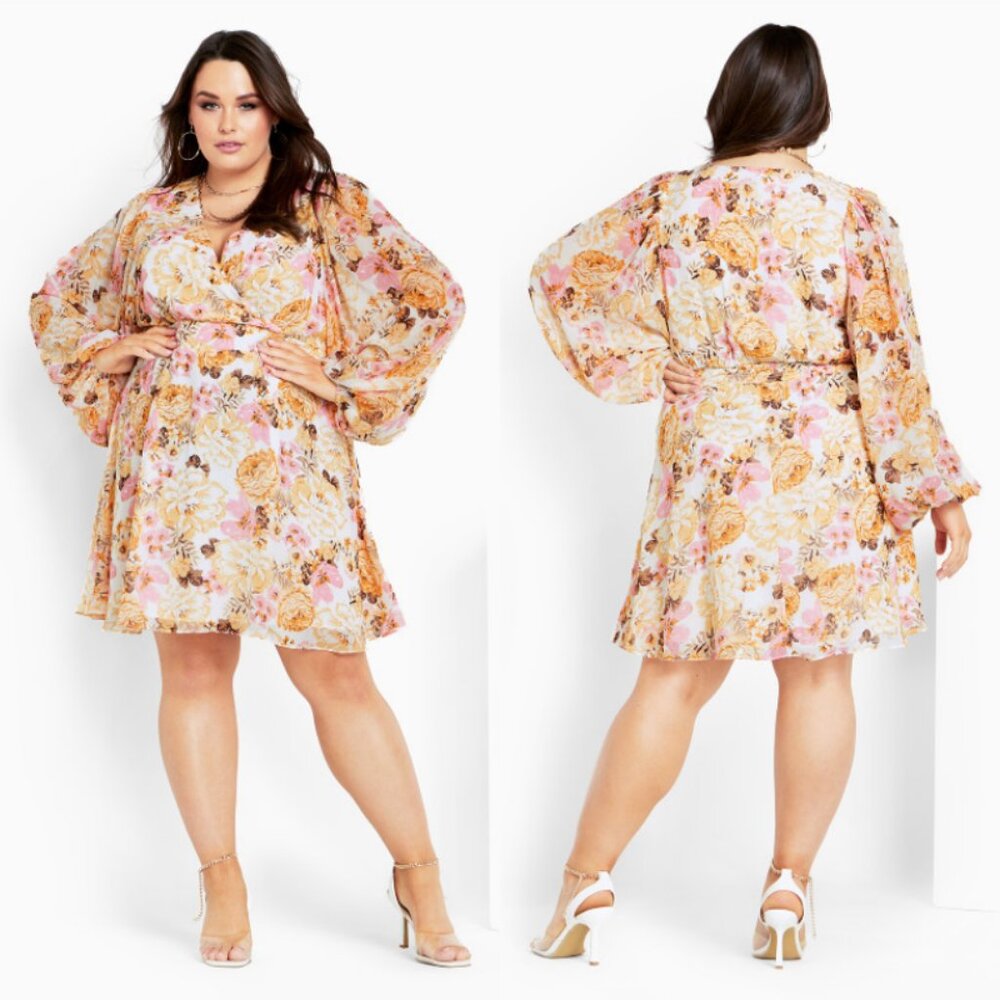NWT City Chic Ivory Floral Long Sleeve Surplice Dress 20